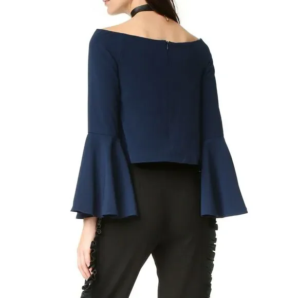 KEEPSAKE The Label Harmony off the shoulder bell sleeve top blouse navy XXS NEW - Picture 3 of 7